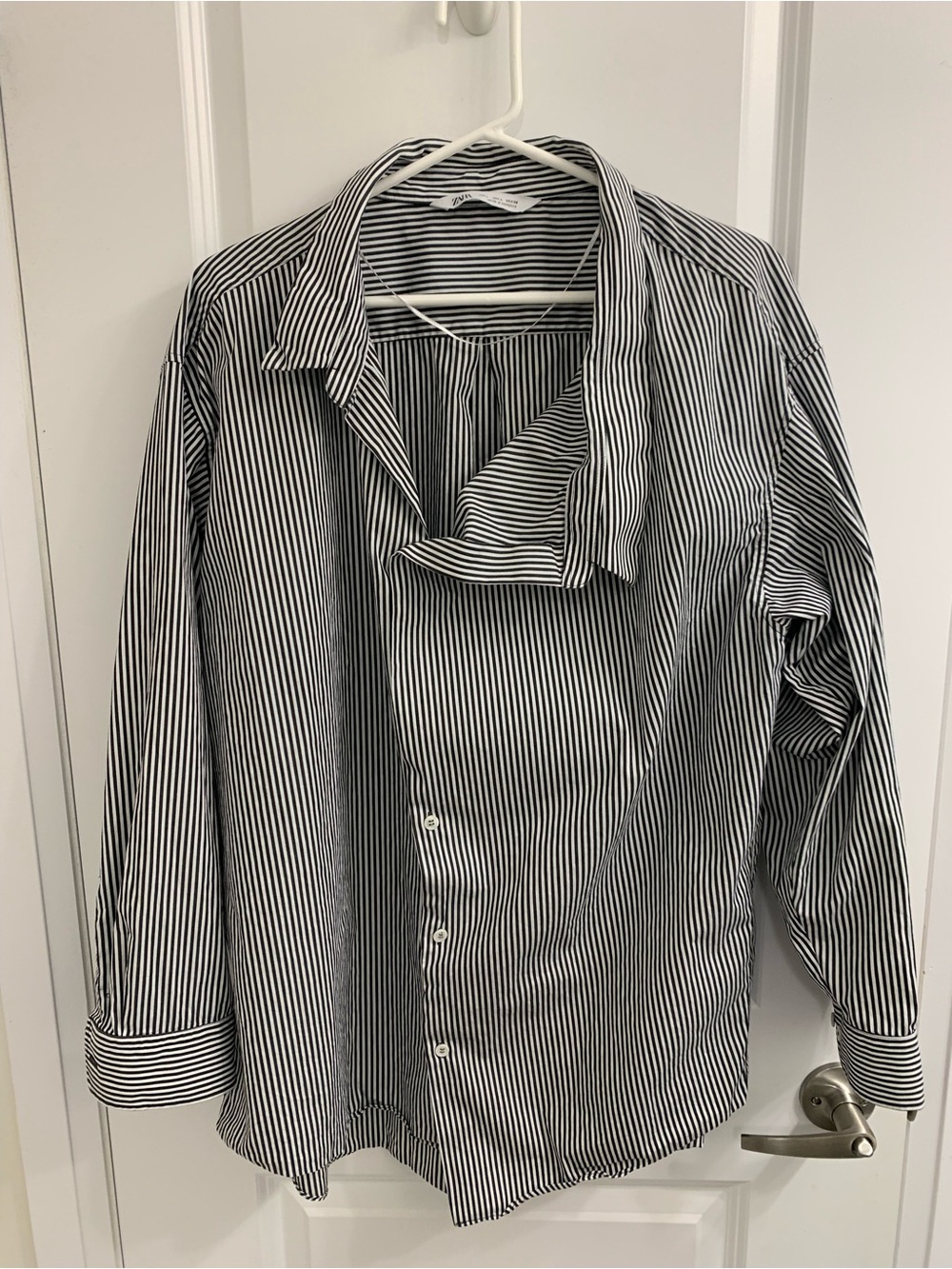 Zara Black and White Vertical Stripe Button-Down Shirt with Asymmetrical Collar